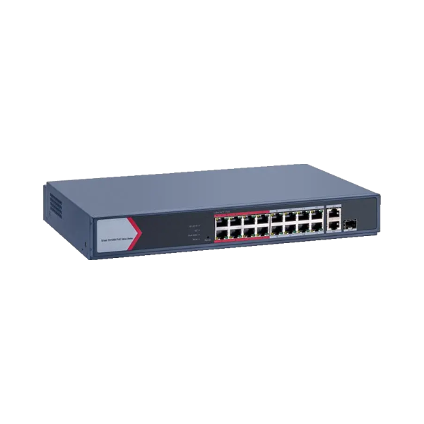 Switch 16 porturi PoE 100Mbps, 1 port Gigabit combo, 1 Gigabit RJ45, SMART Management - HIKVISION DS - 1
