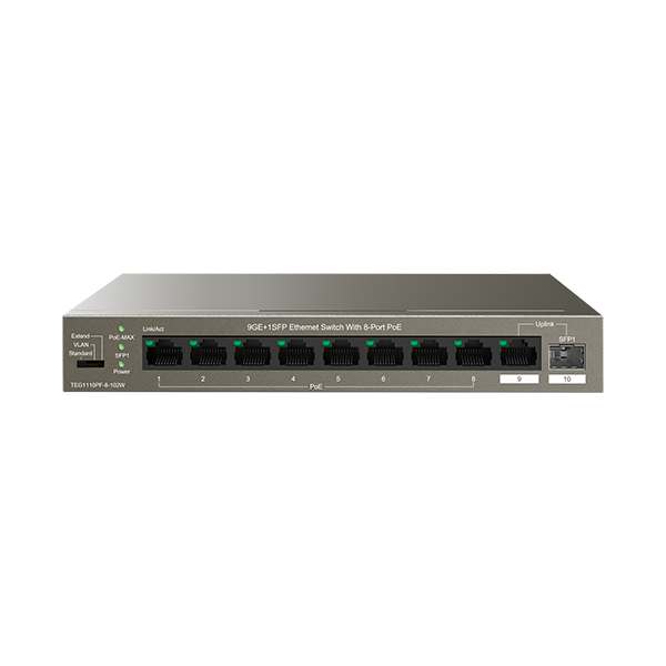 Switch 8 porturi Gigabit PoE, 1 port Uplink Gigabit, 1 port SFP Uplink Gigabit - Tenda TND-TEG1110PF - 1
