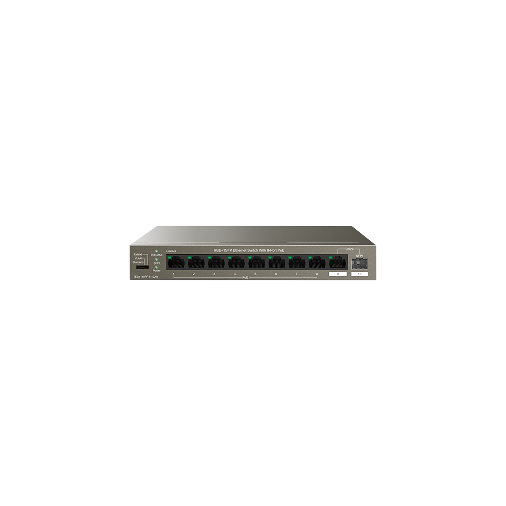 Switch 8 porturi Gigabit PoE, 1 port Uplink Gigabit, 1 port SFP Uplink Gigabit - Tenda TND-TEG1110PF - 1