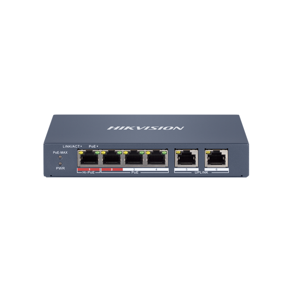 Switch 4 x RJ45 100 Mbps PoE at/af/bt, 2 x RJ45 100 Mbps Uplink, Management - HIKVISION DS-3E1106HP- - 1
