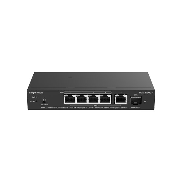 Switch 4 x RJ45 2.5G PoE, 1 x SFP+ 10G, 1 x RJ45 2.5G, Cloud Management - Ruijie Reyee RG-ES206MG-P - 1
