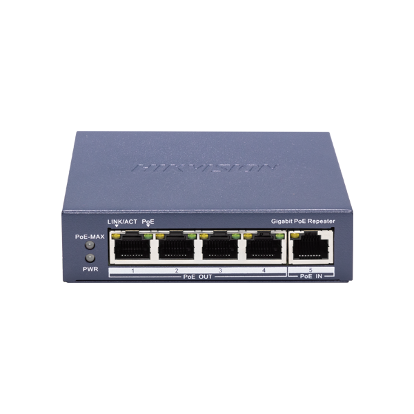 Switch-repeater Gigabit 4 x RJ45 PoE Out af/at, 1 x RJ45 PoE In af/at/bt, Management - HIKVISION DS- - 1